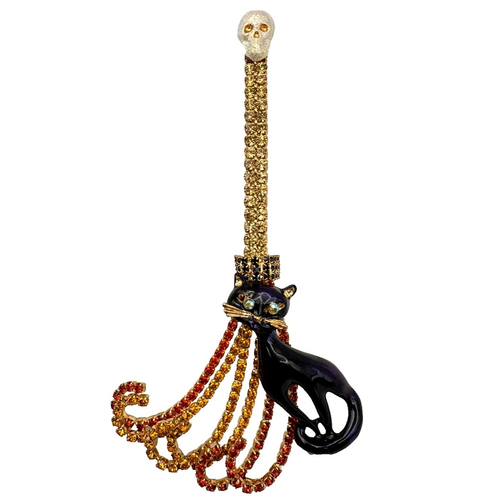 Kirks Folly ~ Halloween Brooch Black Cat on Witch's Broom Orange Crystals Skull